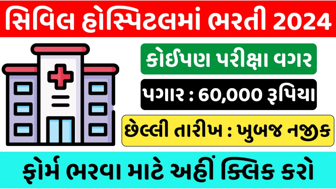 Civil Hospital Recruitment 2024: સિવિલ હોસ્પિટલમાં ડેટા એન્ટ્રી ઓપરેટર તથા અન્ય પદો પર સીધી ભરતી જાહેર,પગાર ₹ 60,000 સુધી
