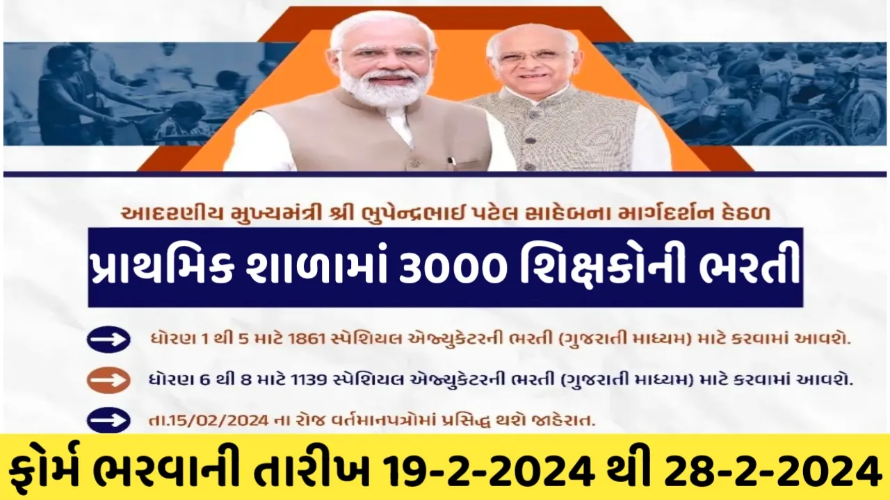 પ્રાથમિક શાળાઓમા આવી સ્પેશિયલ એજયુકેટર ની 3000 જગ્યાઓ પર ભરતી,જાણો સંપૂર્ણ માહિતી અહીથી.