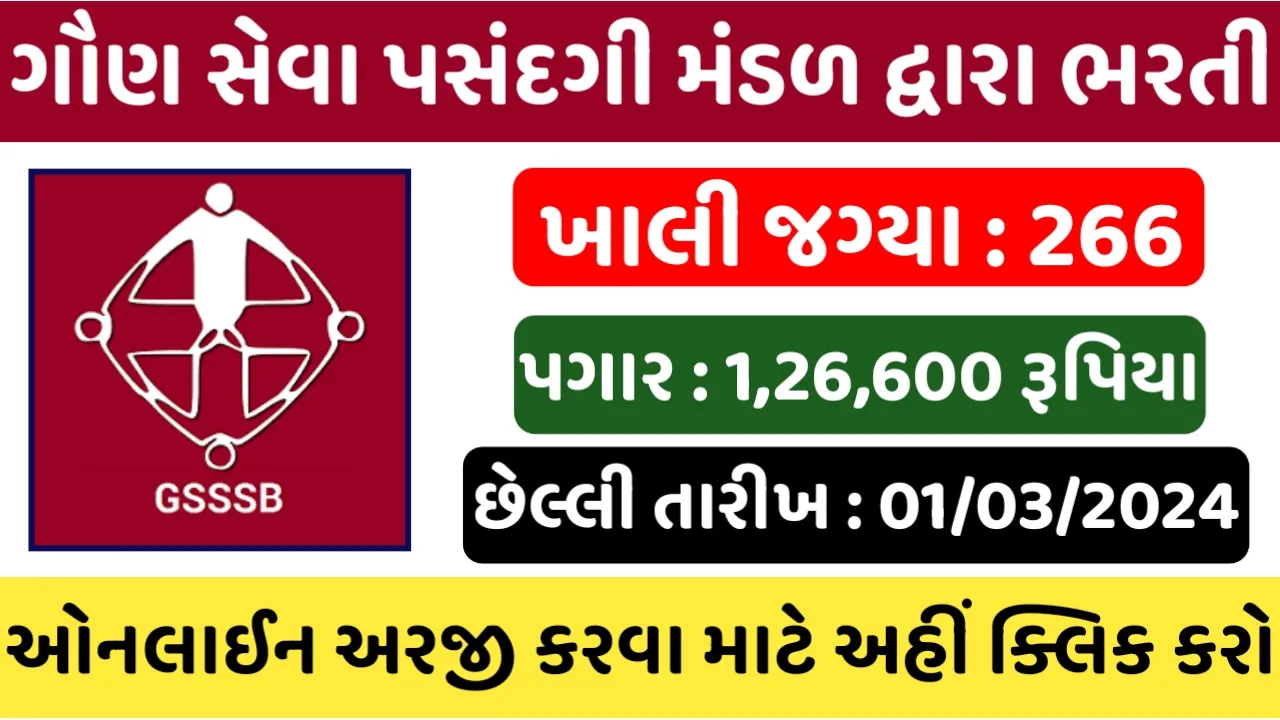 GSSSB Recruitment 2024: ગુજરાત ગૌણ સેવા પસંદગી મંડળ દ્વારા 265+ જગ્યાઓ પર ભરતી જાહેર,પગાર ₹ 1,26,600 સુધી