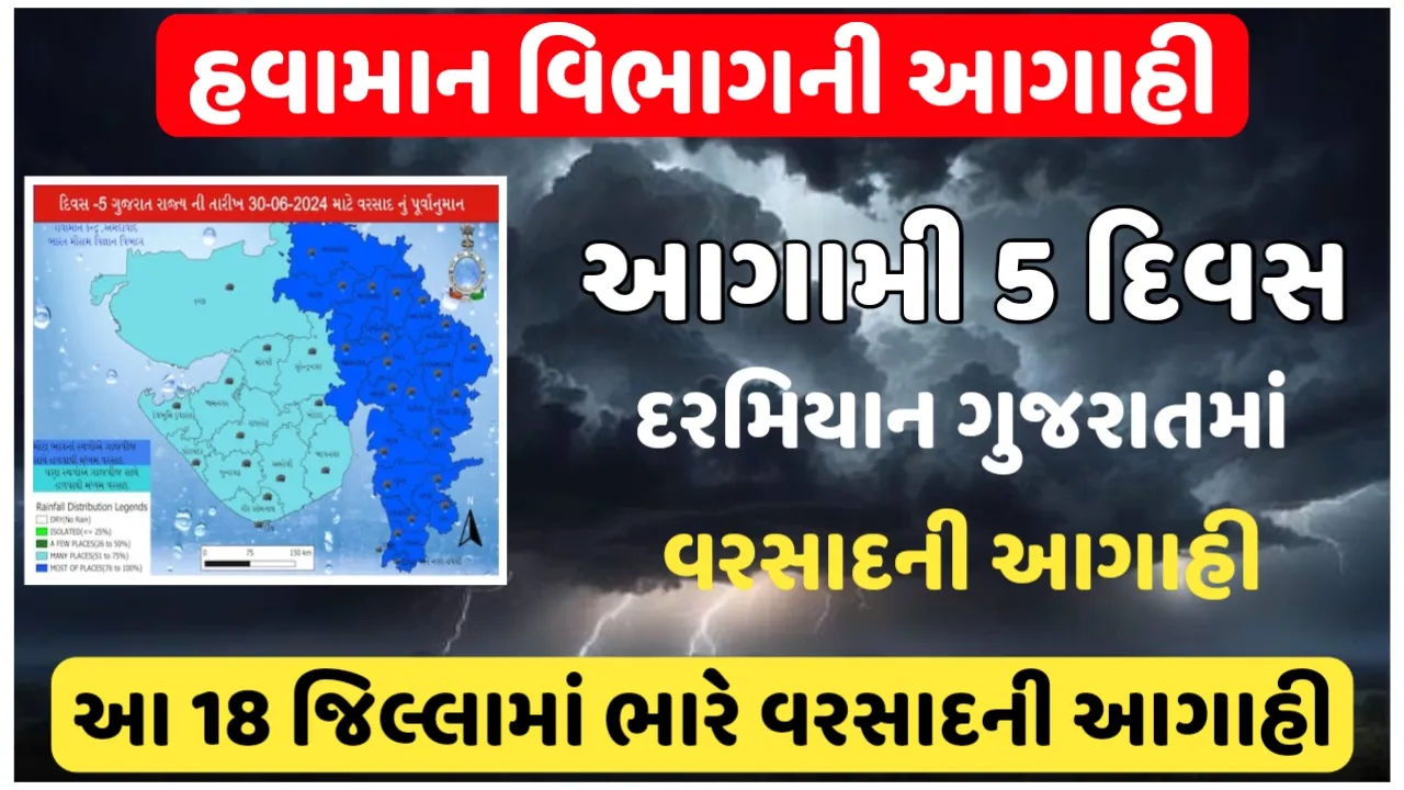 હવામાન વિભાગે આગામી 5 દિવસ દરમિયાન ગુજરાતમાં સાર્વત્રિક વરસાદની આગાહી: સાયક્લોનિક સર્કયુલેશન સક્રિય બનતાં, આ 18 જિલ્લામાં ભારે વરસાદ