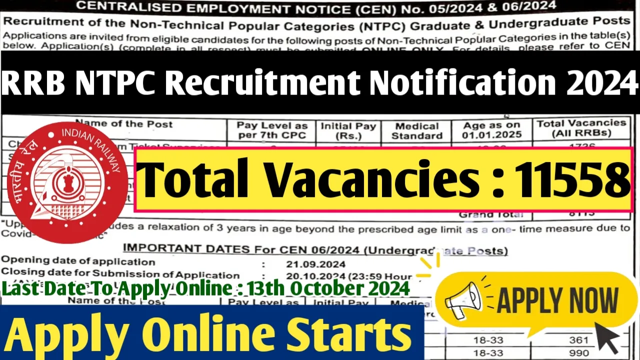 RRB NTPC Recruitment Notification 2024 Out,11558 Vacancies,Apply Online ...