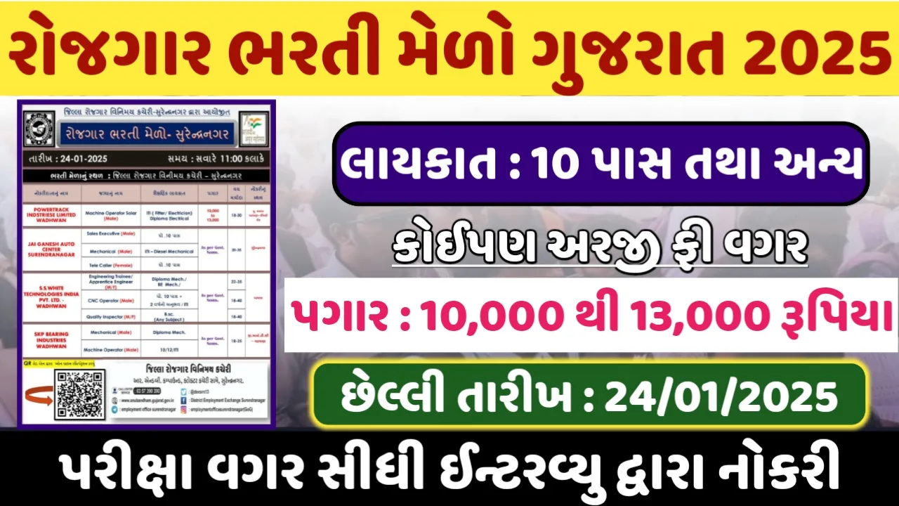 Rojgar Bharti Mela Gujarat 2025 : 10 પાસ, 12 પાસ, ITI, સ્નાતક, ડિપ્લોમા સ્નાતક તમામ માટે ભરતી મેળો જાહેર