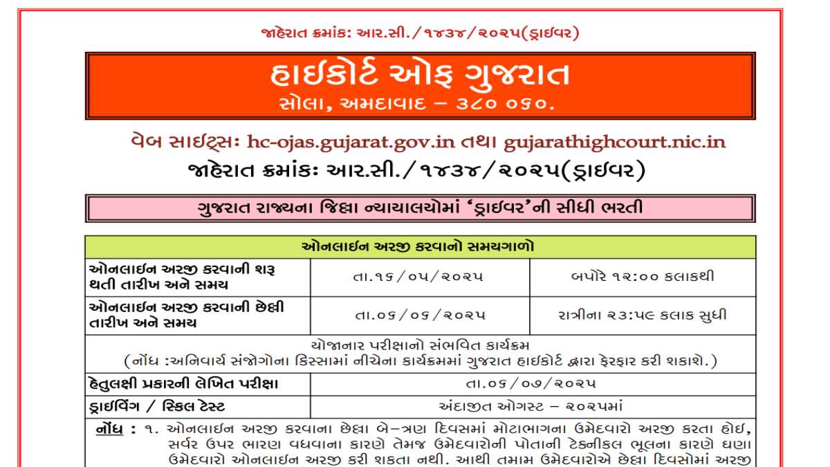 High Court of Gujarat Driver Recruitment 2025