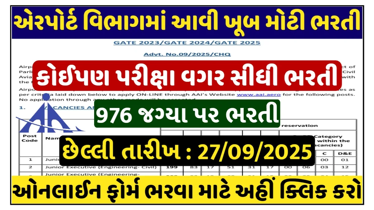 AAI Junior Executive Recruitment 2025 – 976 vacancies, apply online, no exam required, last date 27 September 2025