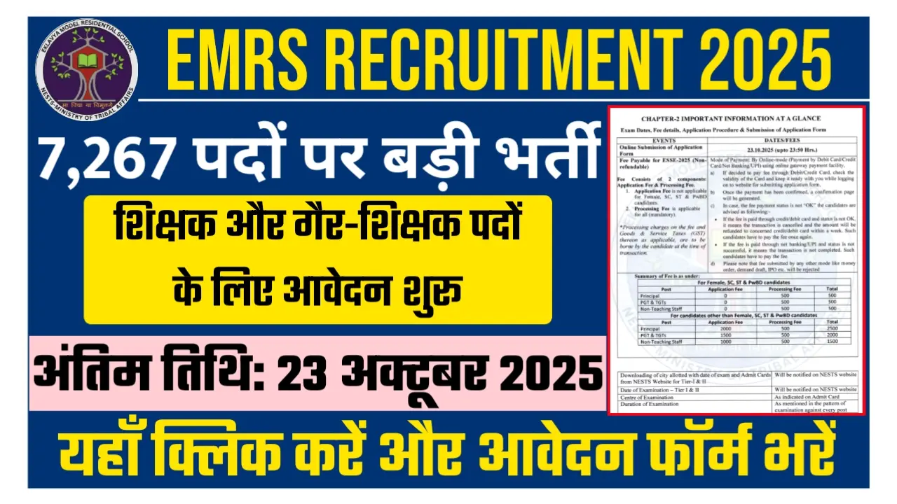 EMRS Recruitment 2025: Apply online for 7267 teaching and non-teaching vacancies before 23 October 2025. Application form available now.
